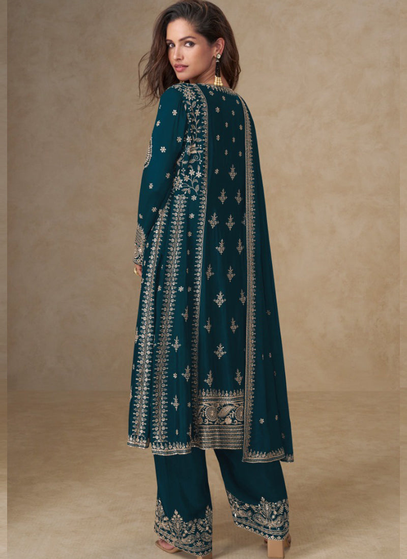 Blue Chinon Silk Embroidered Designer Salwar Suit