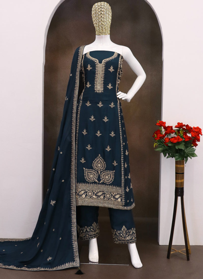 Blue Chinon Silk Embroidered Designer Salwar Suit
