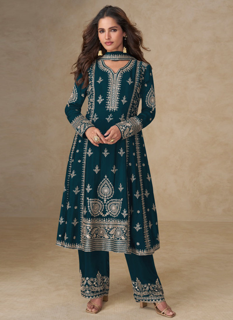 Blue Chinon Silk Salwar Suit with designer embroidery