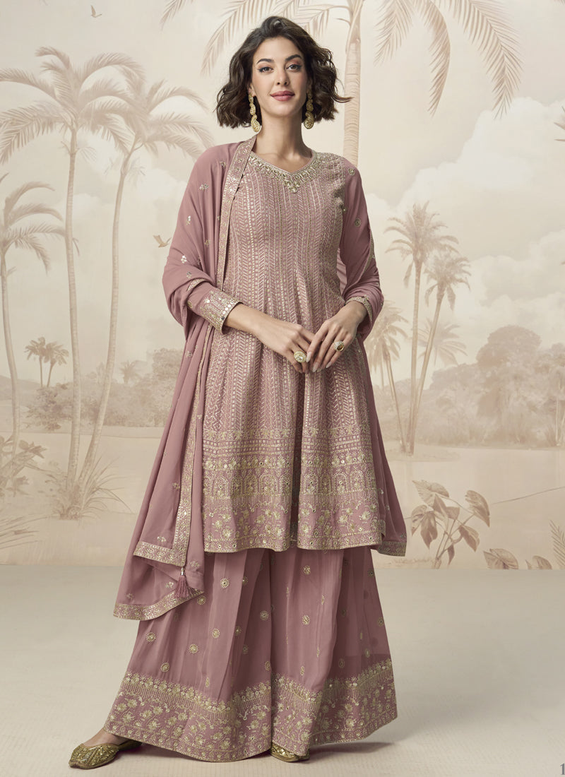 Peach Georgette Embroidered Designer Palazzo Suit Set