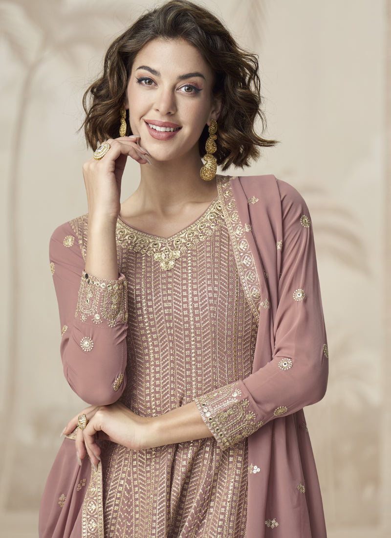 Peach Georgette Embroidered Designer Palazzo Suit Set