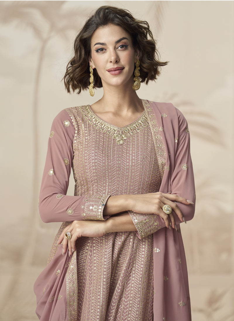 Peach Georgette Embroidered Designer Palazzo Suit Set