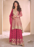 Pink georgette palazzo suit featuring detailed gota patti and embroidery work.