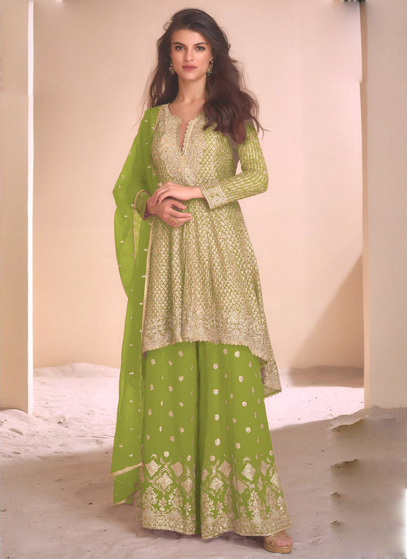 Light green georgette palazzo suit with gota patti and fine embroidery work.