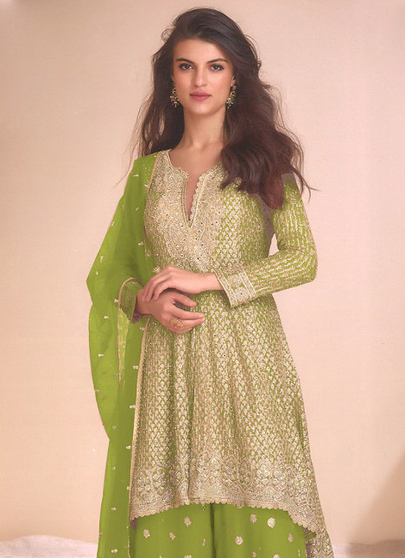 Light Green Georgette Embroidered Palazzo Suit