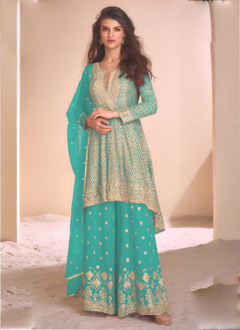 Sky blue georgette palazzo suit adorned with intricate gota patti embroidery