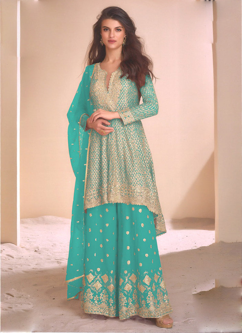 Sky Blue Georgette Embroidered Palazzo Suit for Festive Wear