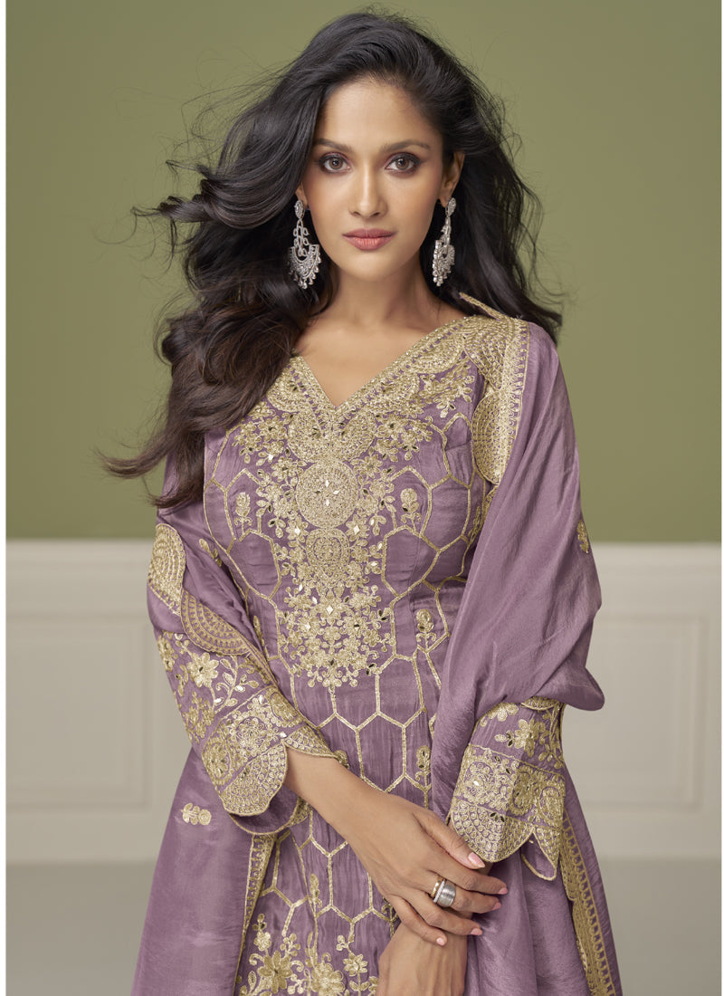 Vegaa Fashion Lavender Simar Silk Embroidered Designer Palazzo Suit