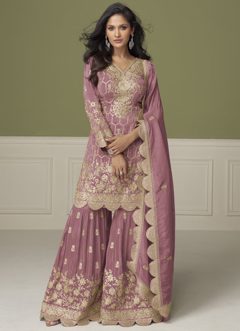 Onion Pink Simar Silk Palazzo Suit with detailed gota patti embroidery
