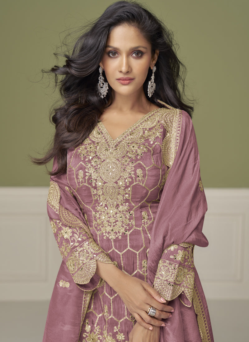 Onion Pink Simar Silk Embroidered Palazzo Suit for Wedding