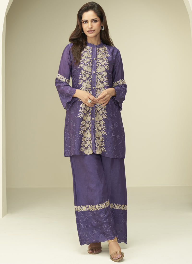 Vegaa Fashion Violet Chinon Silk Embroidered Designer Co Ord Set
