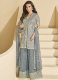 Sophisticated grey georgette palazzo suit with intricate embroidery and gota patti details.