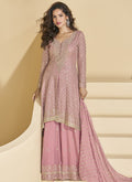 Peach georgette designer palazzo suit with intricate gota patti and embroidery detail