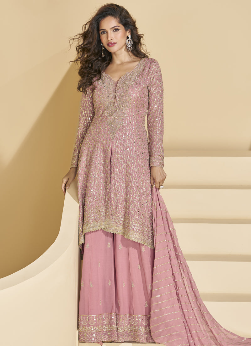 Peach georgette designer palazzo suit with intricate gota patti and embroidery detail