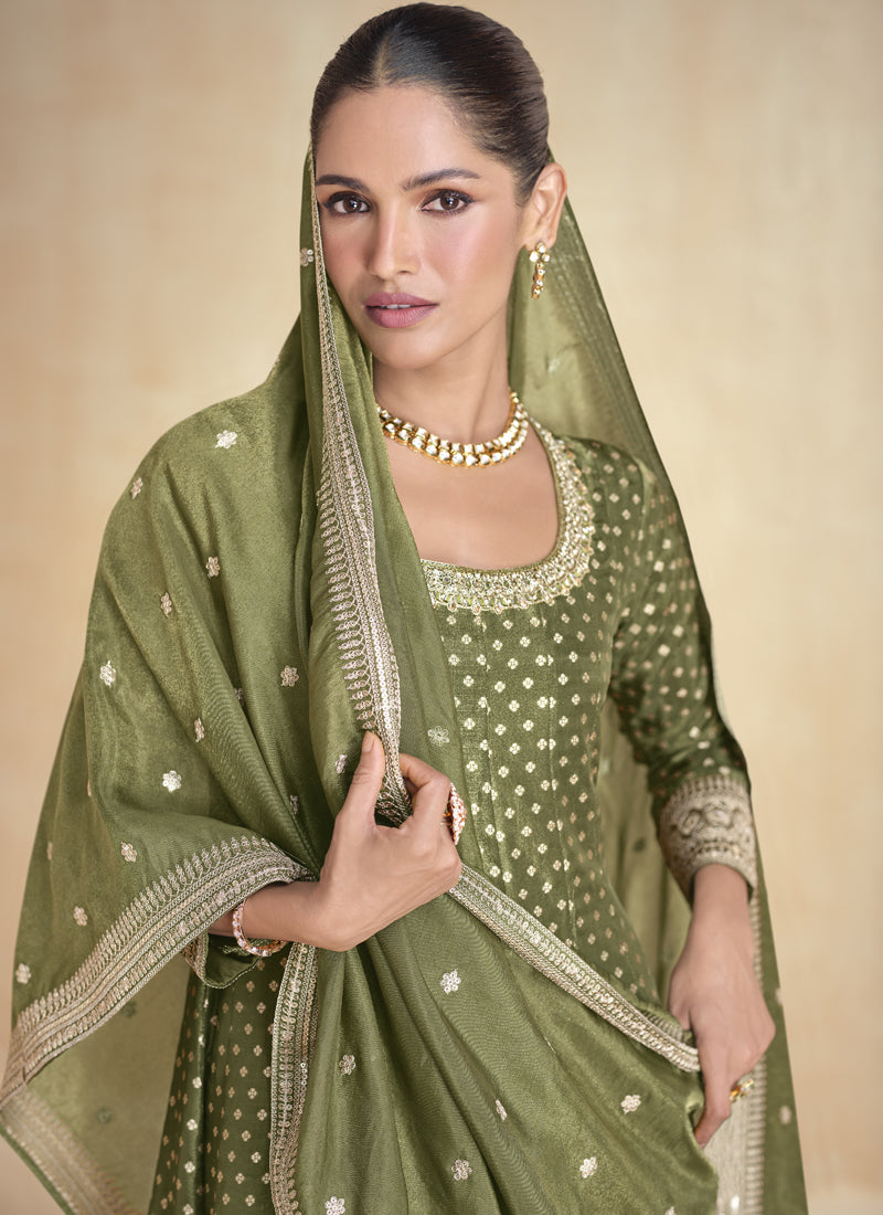 Mahendi Green Viscose Jacquard Embroidered Anarkali Suit