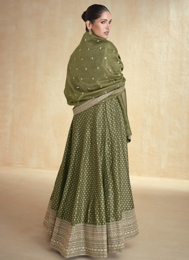 Mahendi Green Viscose Jacquard Embroidered Anarkali Suit