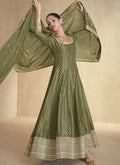 Mahendi green Viscose Jacquard Anarkali suit with gold geometric embroidery