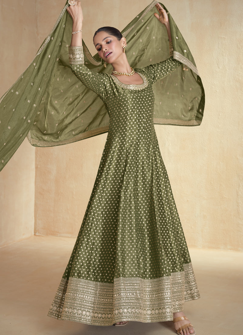Mahendi green Viscose Jacquard Anarkali suit with gold geometric embroidery