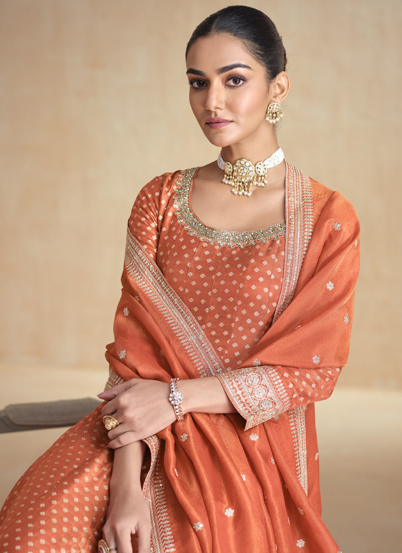 Orange Viscose Jacquard Embroidered Anarkali Suit
