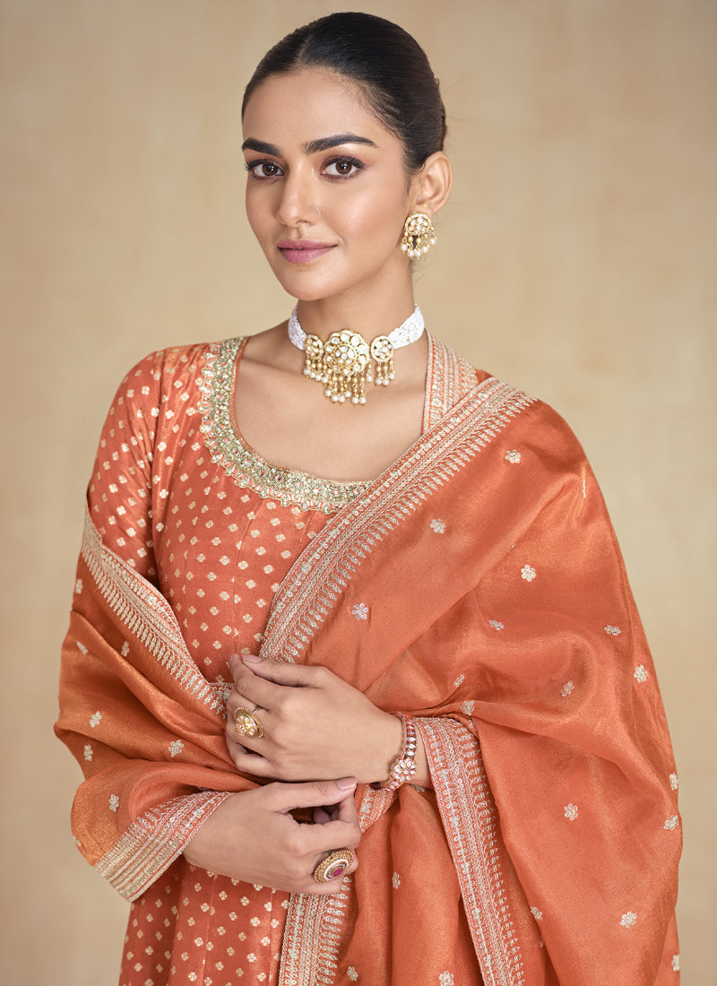 Orange Viscose Jacquard Embroidered Anarkali Suit