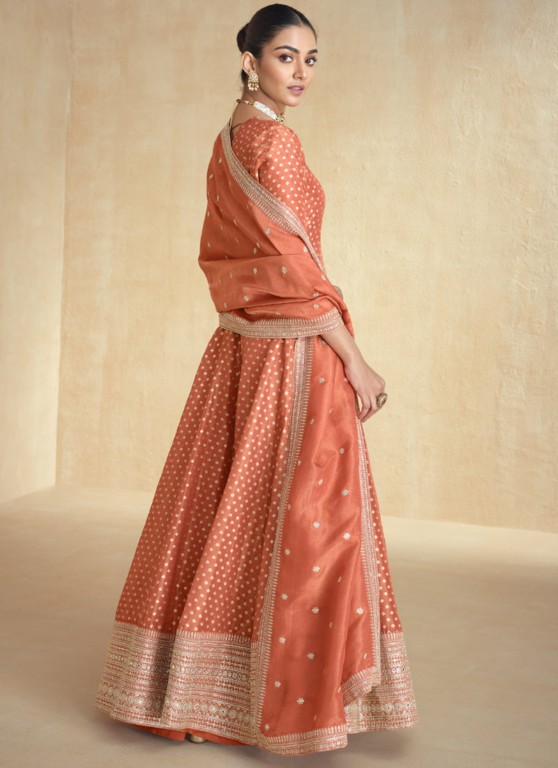 Orange Viscose Jacquard Embroidered Anarkali Suit