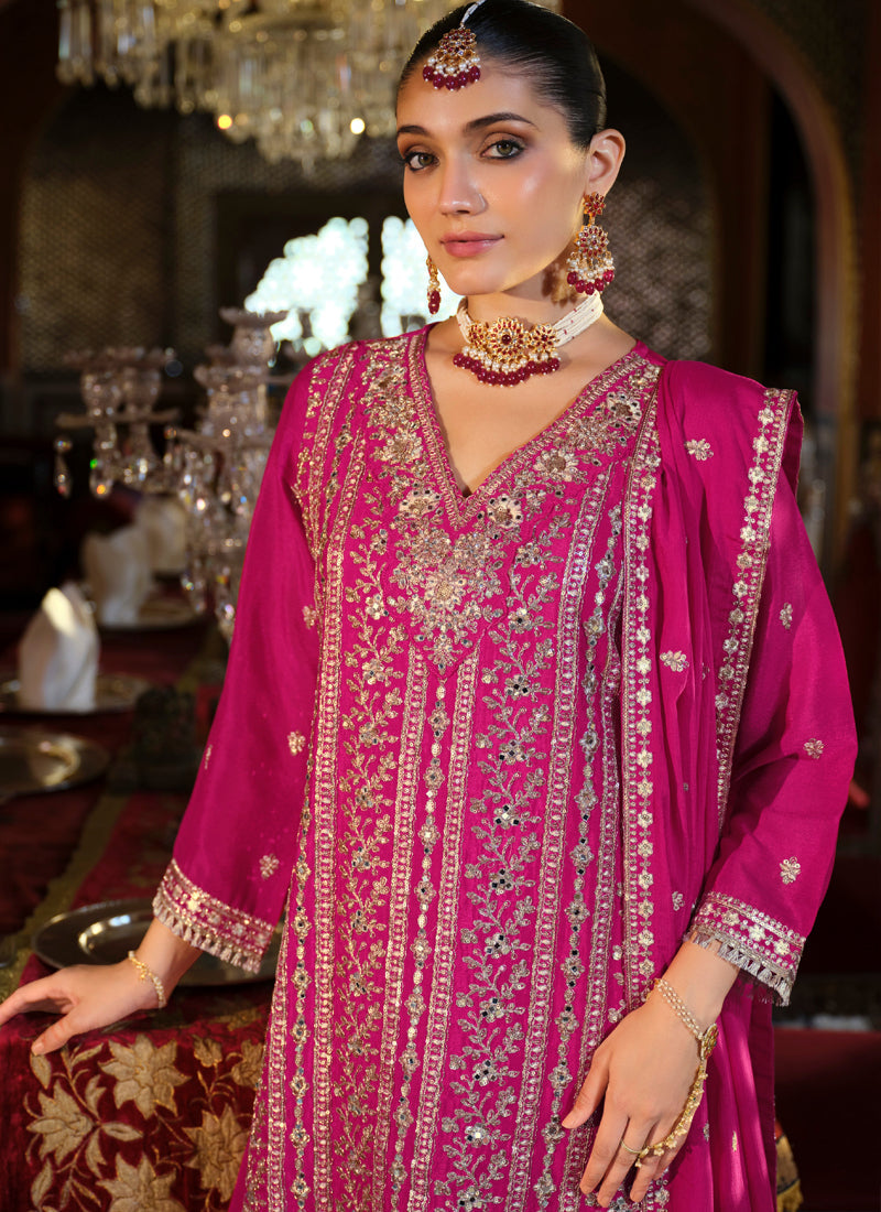Vegaa Fashion Rani Pink Chinon Silk Embroidered Designer Palazzo Suit