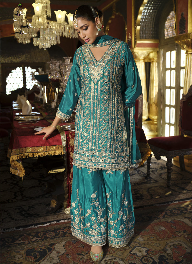 Turquoise Chinon Silk Embroidered Designer Palazzo Suit
