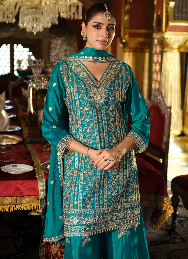 Turquoise Chinon Silk Embroidered Designer Palazzo Suit