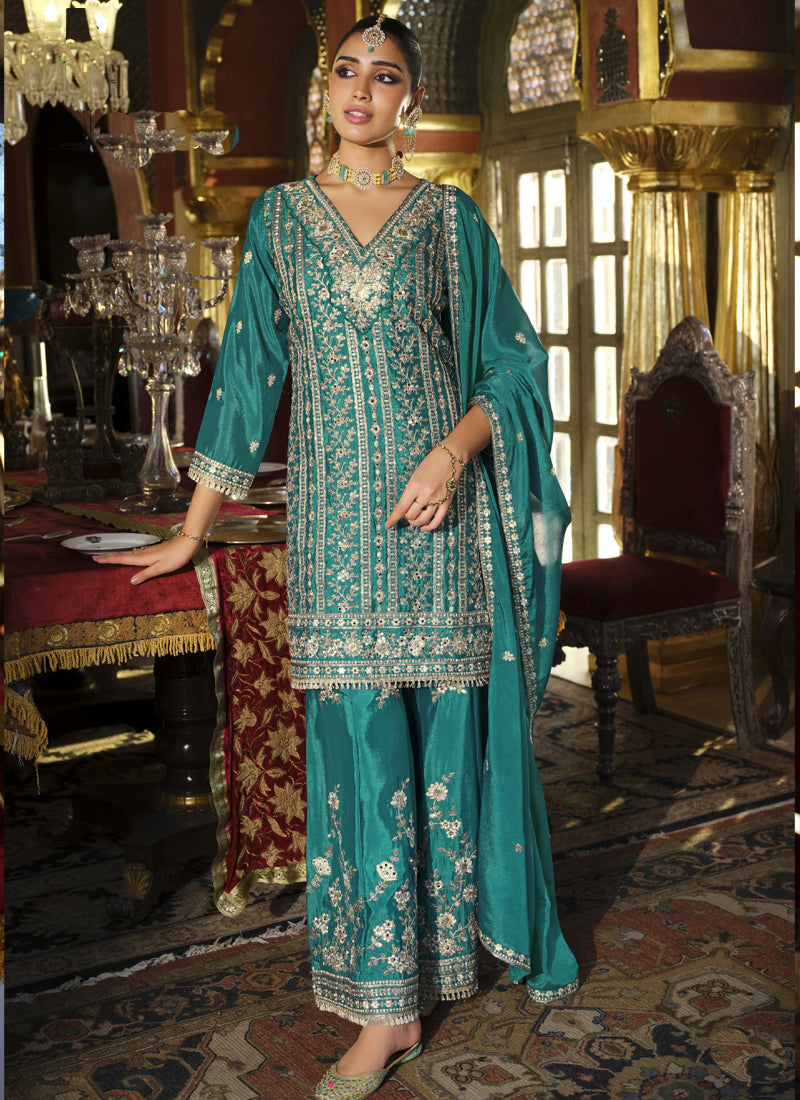 Turquoise Chinon Silk palazzo suit with shimmering embroidery and gota patti design