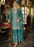 Turquoise Chinon Silk palazzo suit with shimmering embroidery and gota patti design