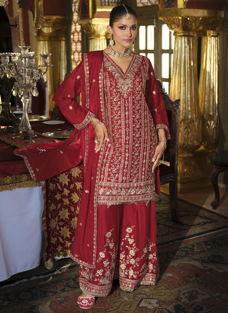 Maroon Chinon Silk Palazzo Suit with Gota Patti Embroidery