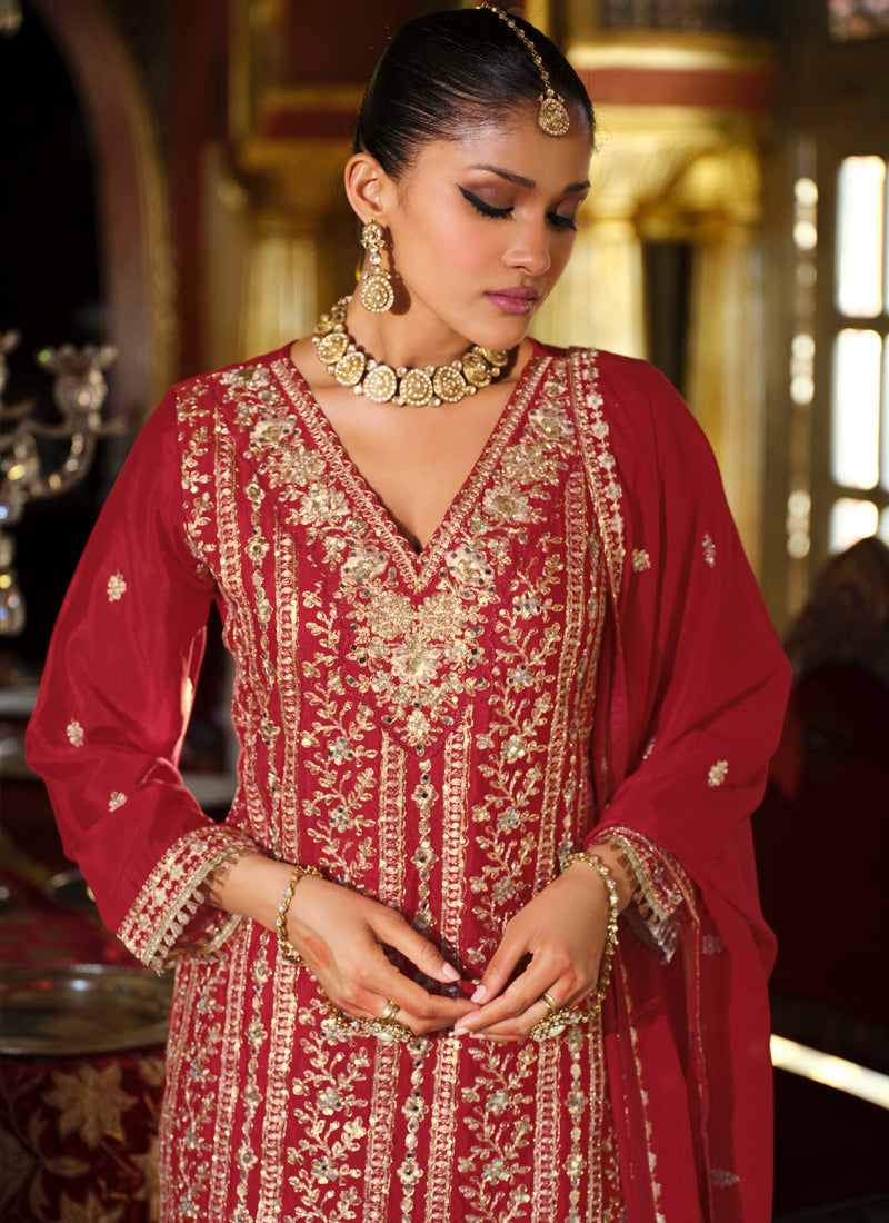 Maroon Chinon Silk Palazzo Suit with Gota Patti Embroidery