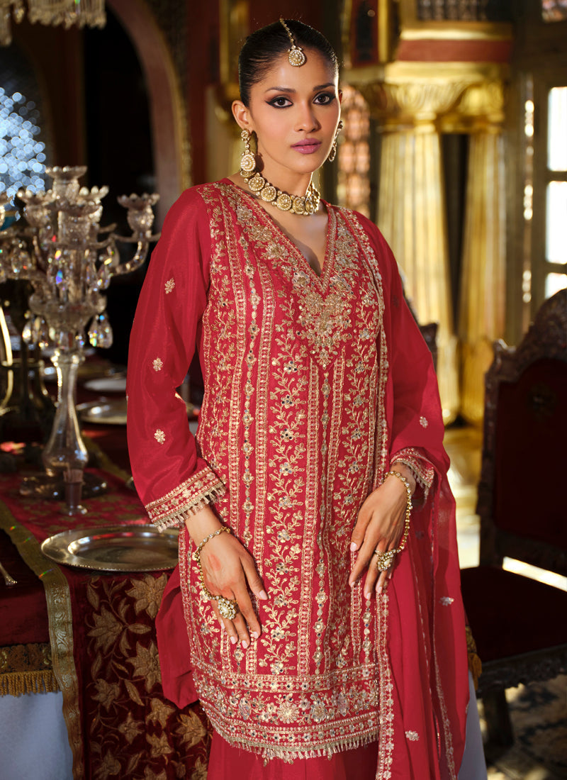 Maroon Chinon Silk Palazzo Suit with Gota Patti Embroidery