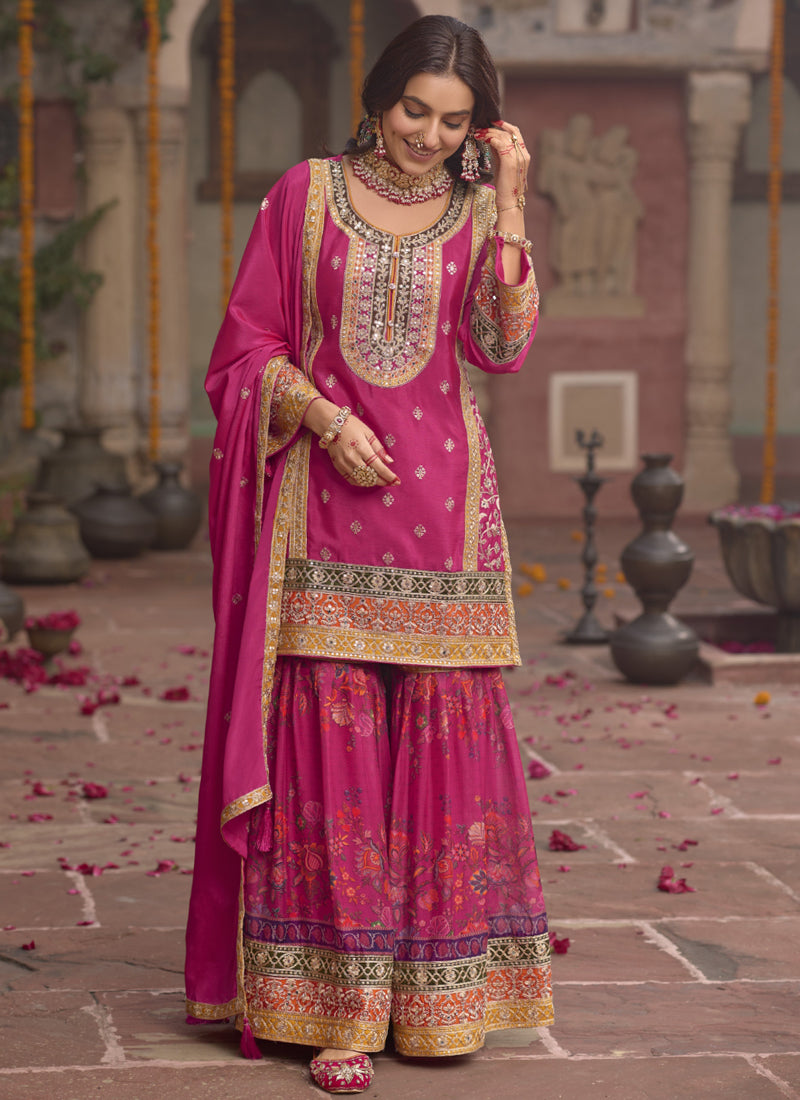 Pink Chinon Silk Embroidered Sharara Suit with A-Line Top