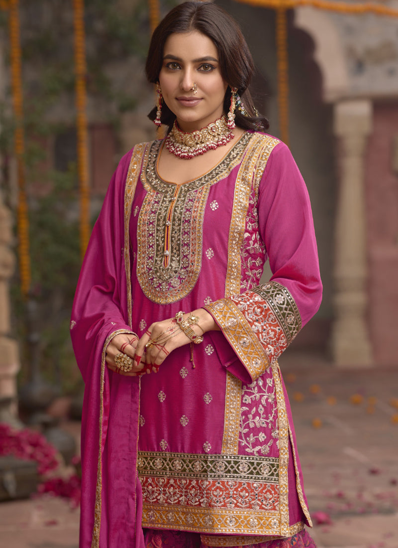 Pink Chinon Silk Embroidered Sharara Suit with A-Line Top