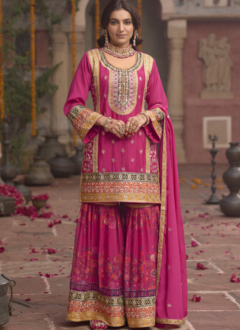 Pink Chinon silk A-line top with sharara pants and dupatta