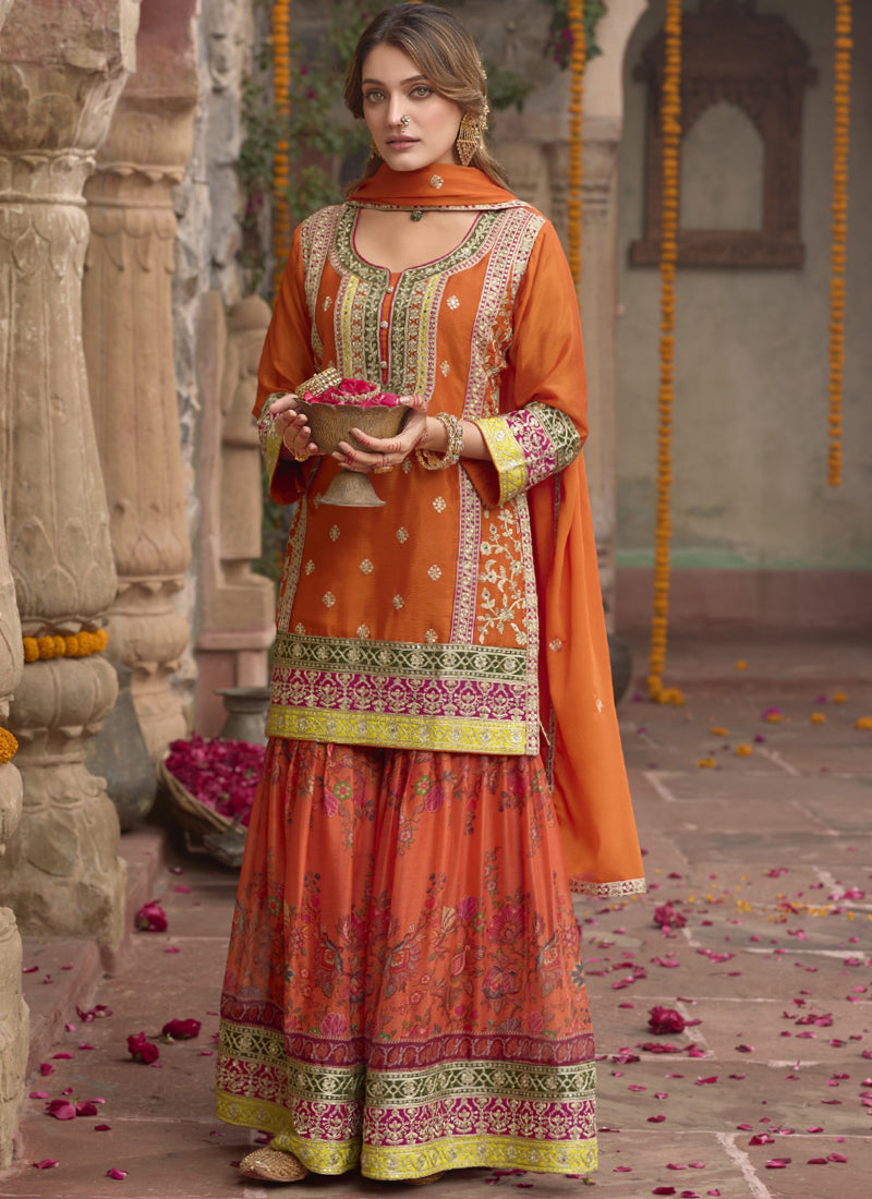 Orange Chinon Silk Embroidered A-Line Sharara Suit