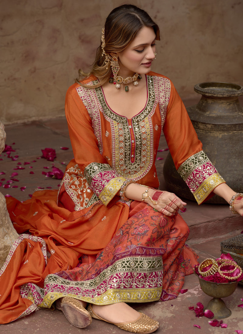 Orange Chinon Silk Embroidered A-Line Sharara Suit