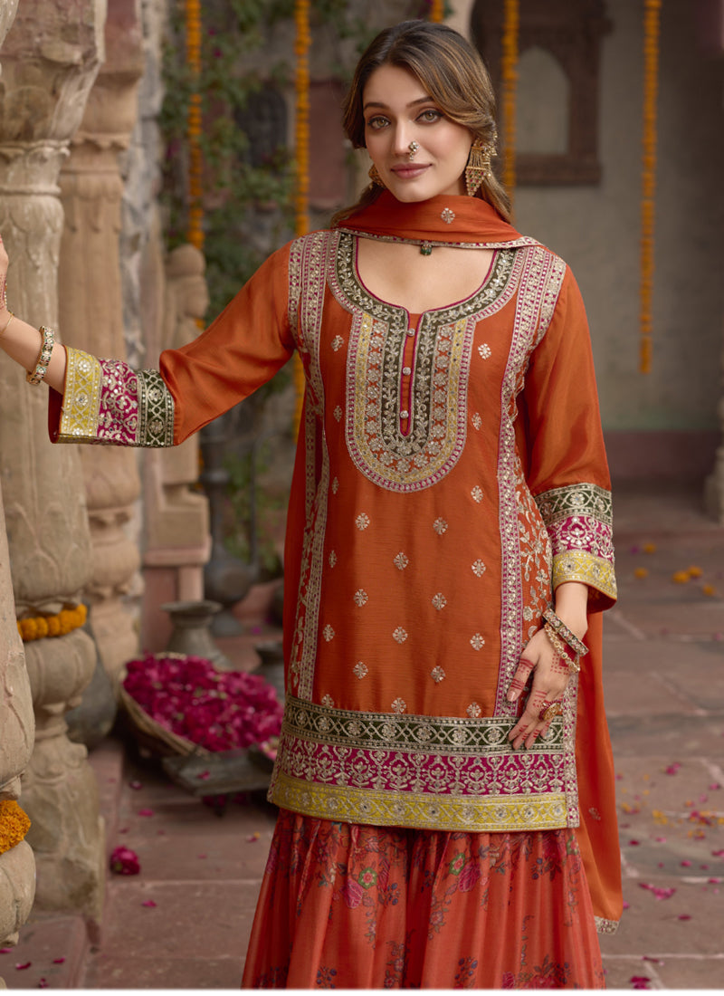 Orange Chinon Silk Embroidered A-Line Sharara Suit