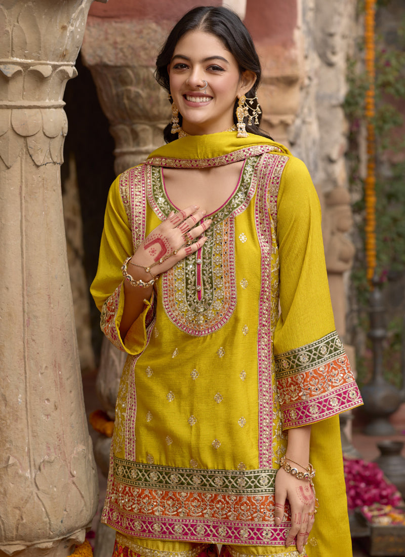 Yellow Chinon Silk Embroidered Sharara Suit A-Line Top