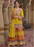 Yellow Chinon Silk A-line Sharara suit with intricate embroidery and matching dupatta