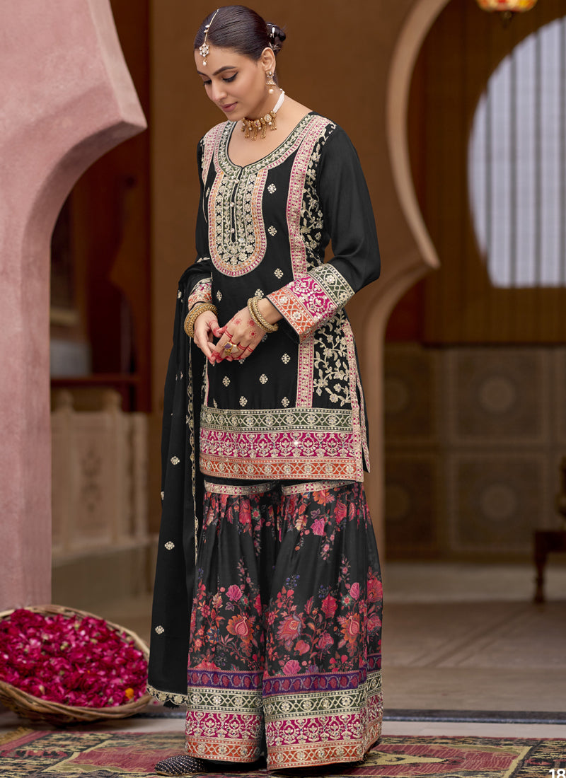 Black Chinon Silk Embroidered Sharara Suit for Wedding Wear
