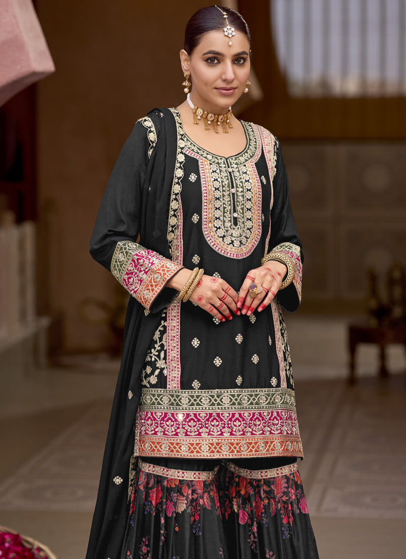 Black Chinon Silk Embroidered Sharara Suit for Wedding Wear