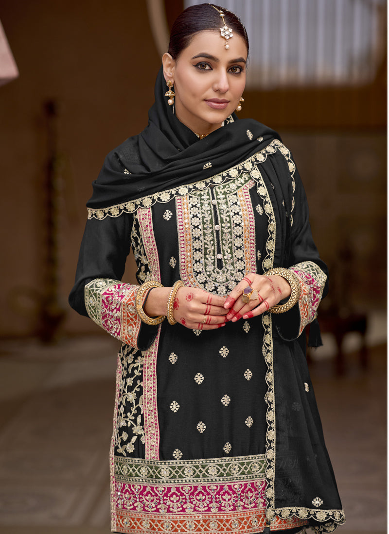 Black Chinon Silk Embroidered Sharara Suit for Wedding Wear