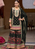 Black Chinon Silk sharara suit with detailed gota patti embroidery and elegant flare