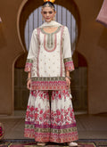 White Chinon silk sharara suit with festive embroidery details