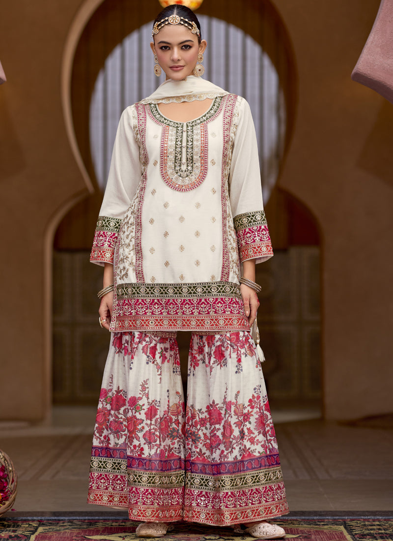 White Chinon silk sharara suit with festive embroidery details