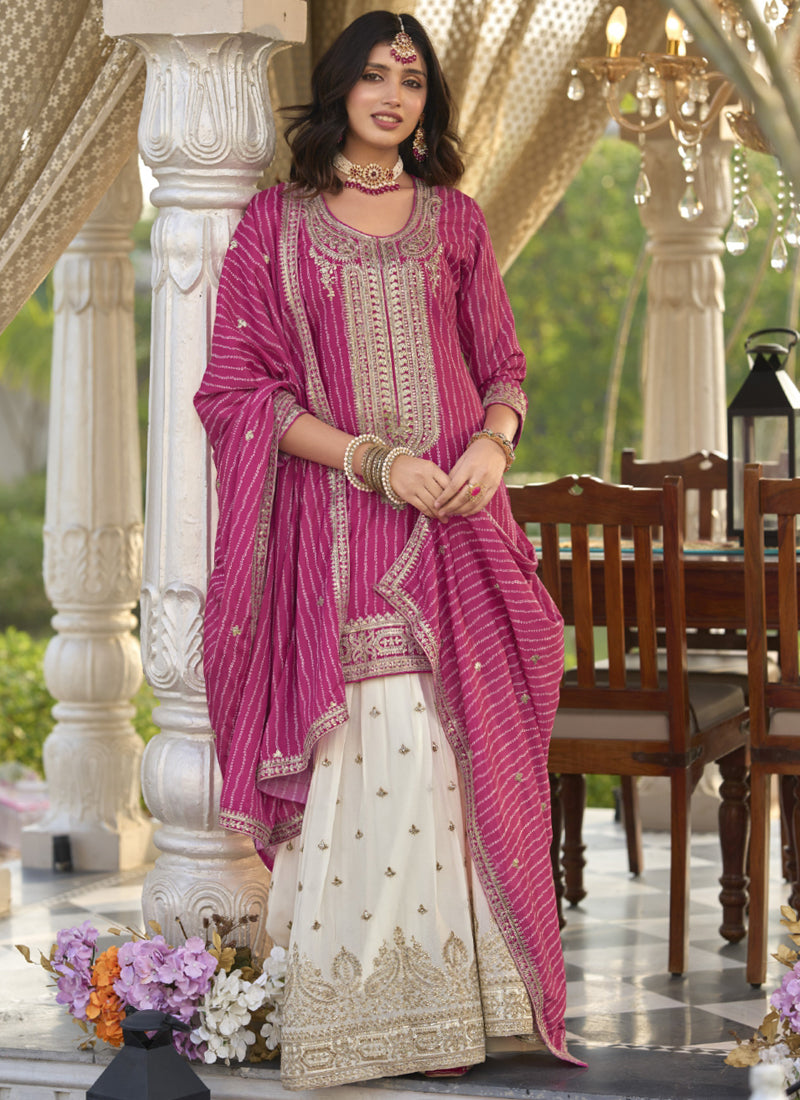 Vegaa Fashion Rani Pink Chinon Silk Embroidered With Digital Print Palazzo Suit