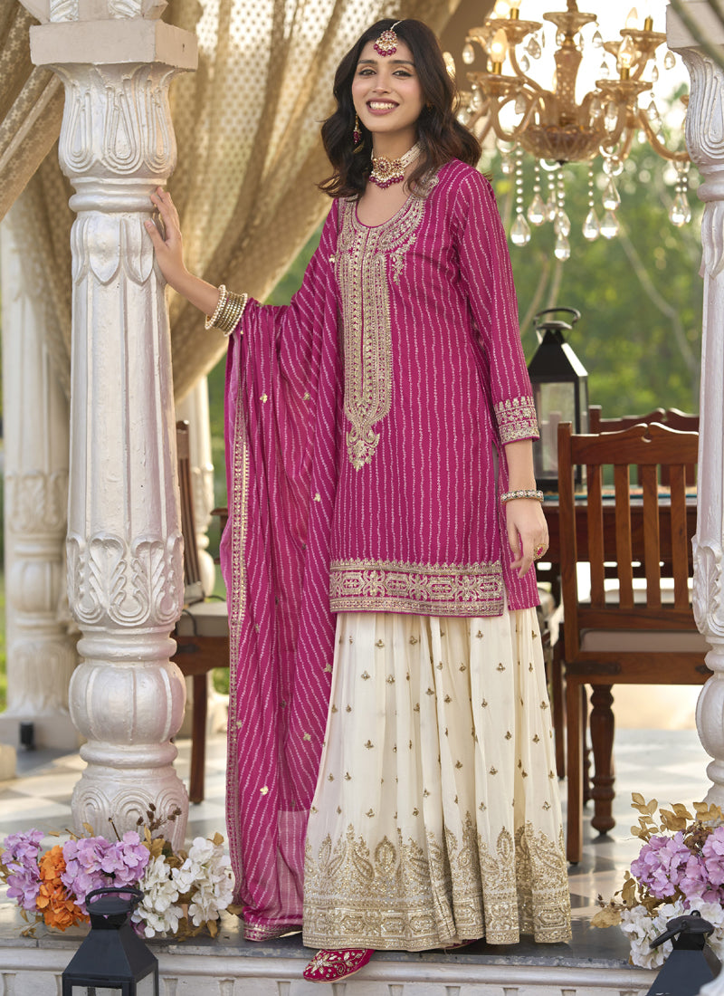 Vegaa Fashion Rani Pink Chinon Silk Embroidered With Digital Print Palazzo Suit