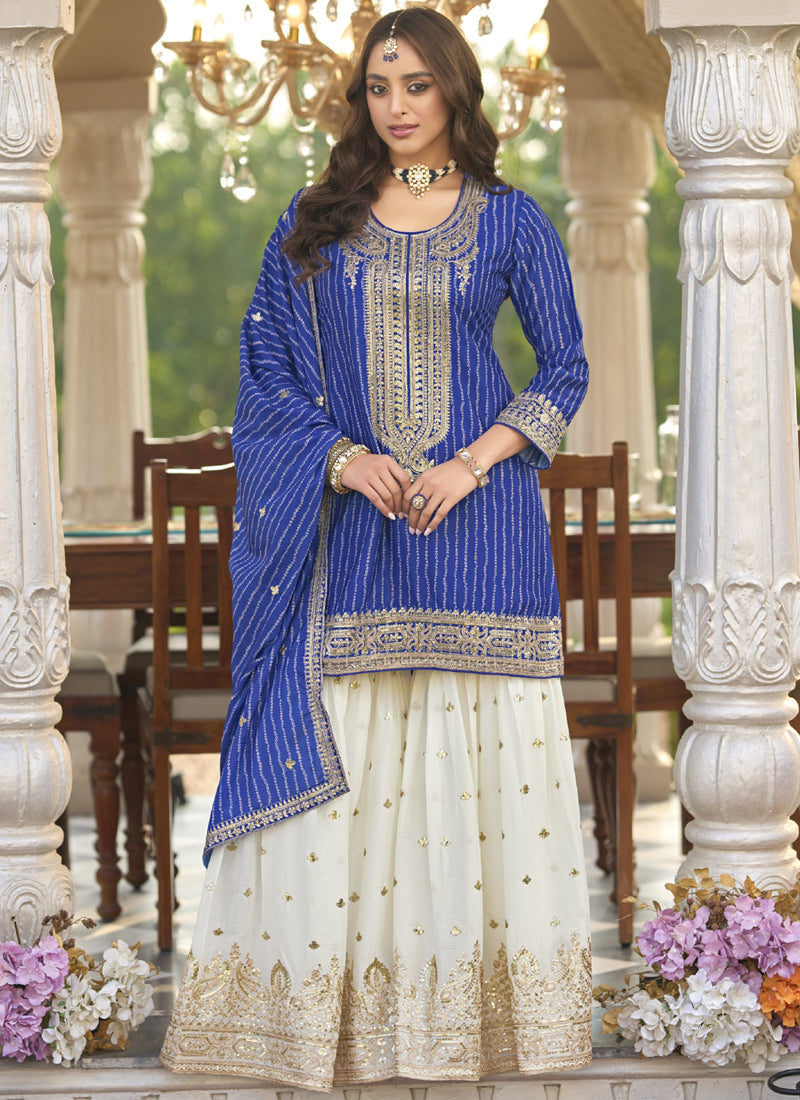 Vegaa Fashion Blue Chinon Silk Embroidered With Digital Print Palazzo Suit